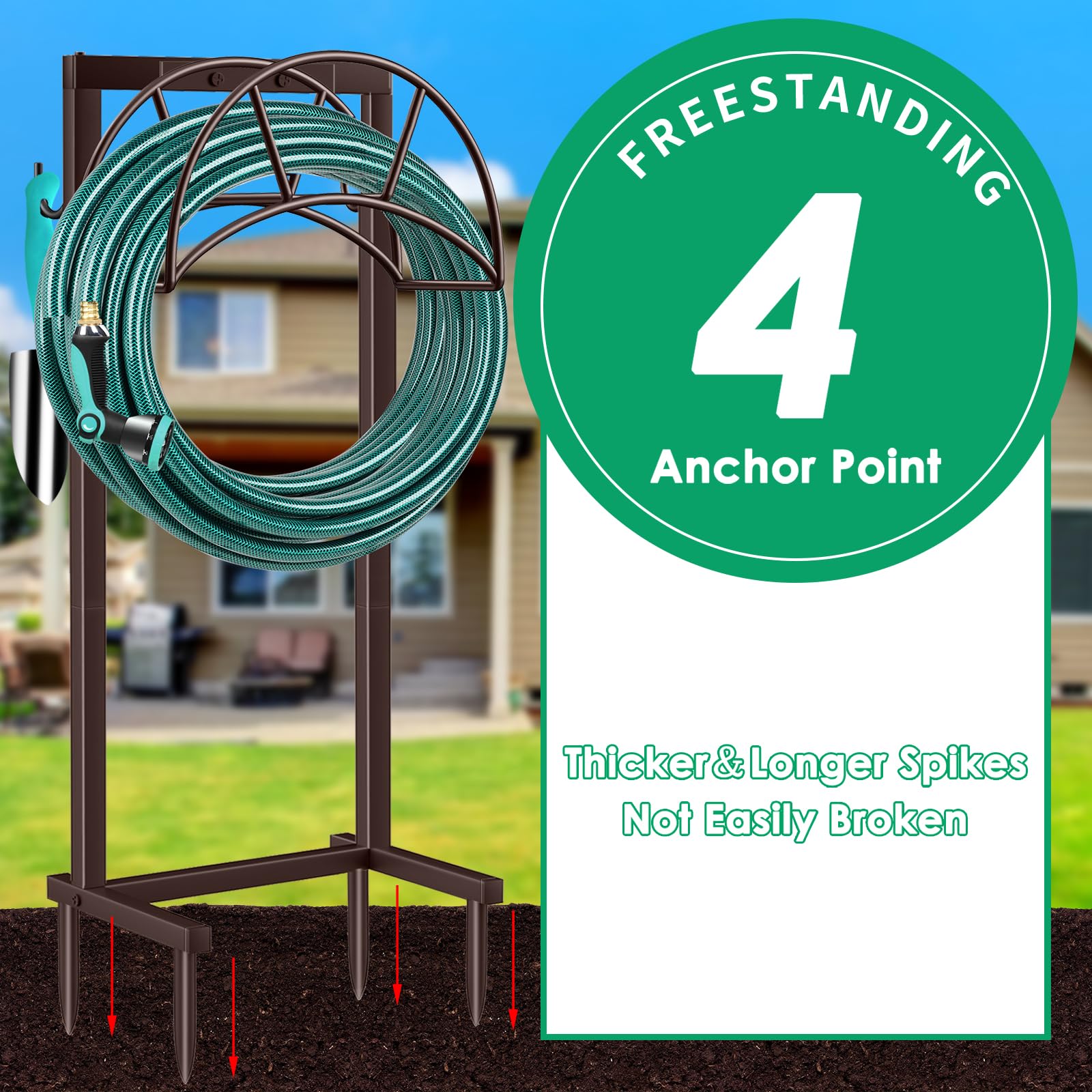 TomCare freestanding hose holder outdoors keeps hoses tidy and off the grass.