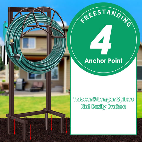 TomCare freestanding hose holder outdoors keeps hoses tidy and off the grass.