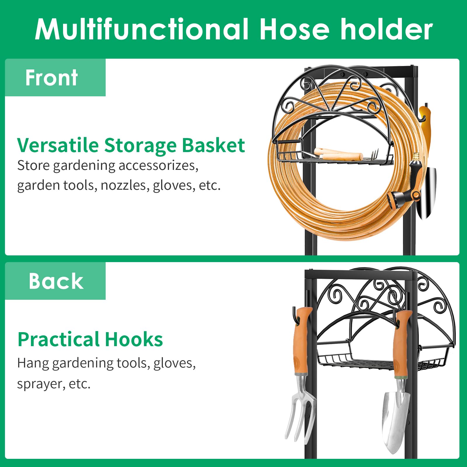 TomCare hose stand features a storage basket and hooks for tools.