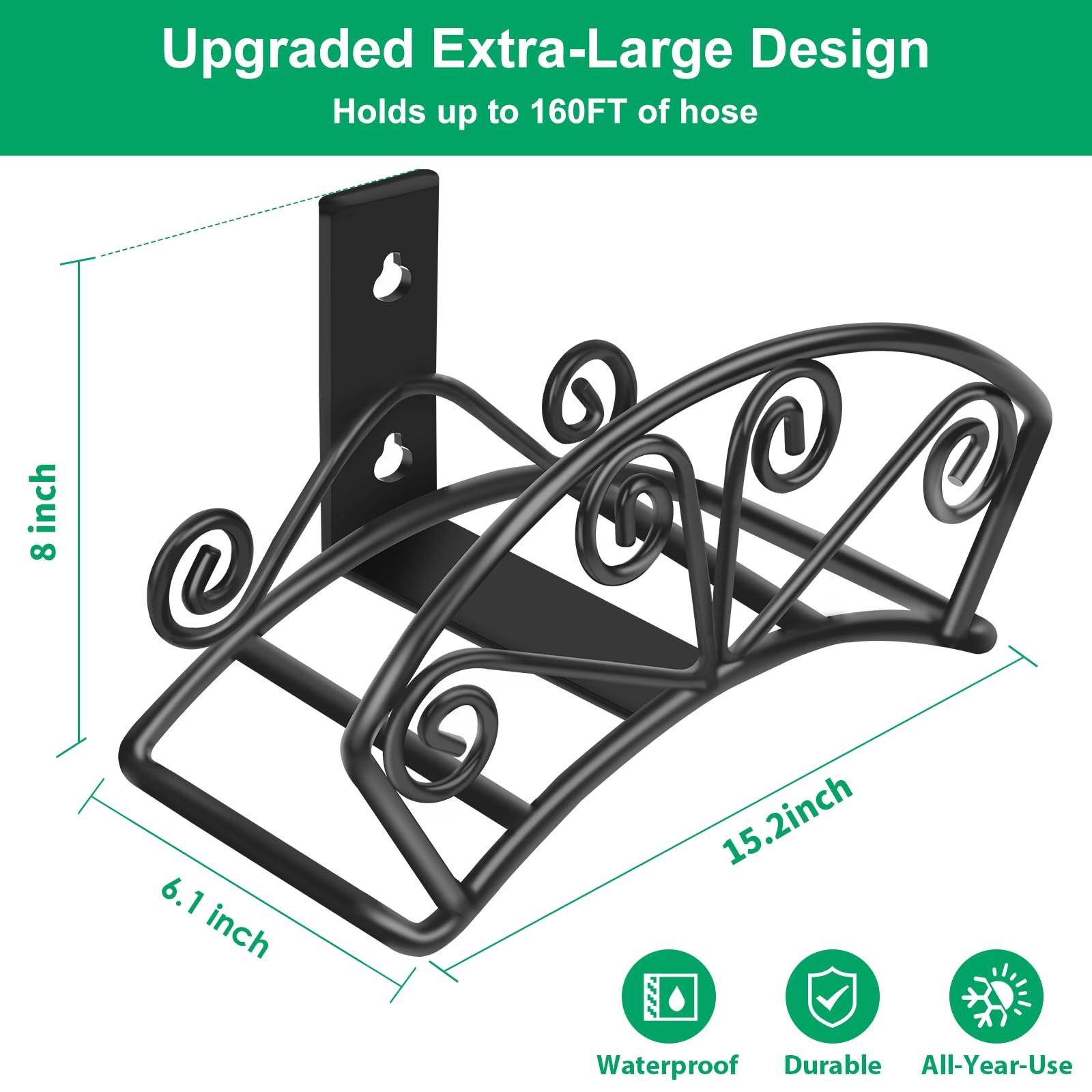 TomCare wall-mounted hose holder in durable metal keeps hoses off the ground.