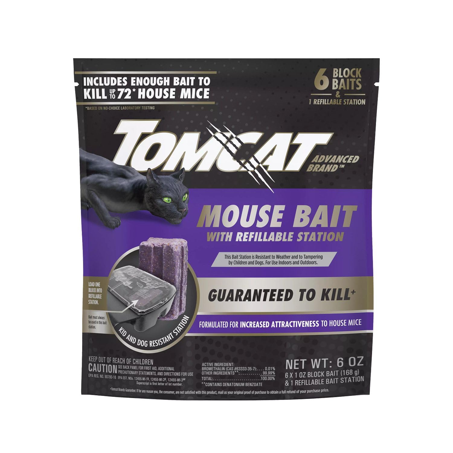 Tomcat Advanced Brand Mouse Bait Station setup enables secure baiting indoors and outdoors.