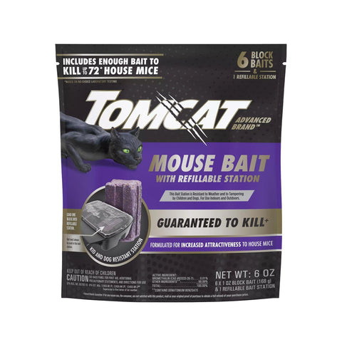 Tomcat Advanced Brand Mouse Bait Station setup enables secure baiting indoors and outdoors.