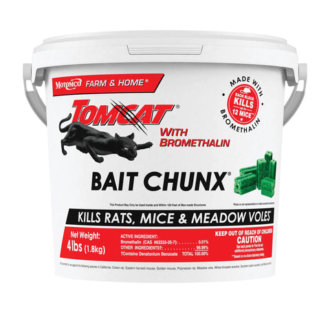 Tomcat Bromethalin Bait Chunx packaging for farm use.