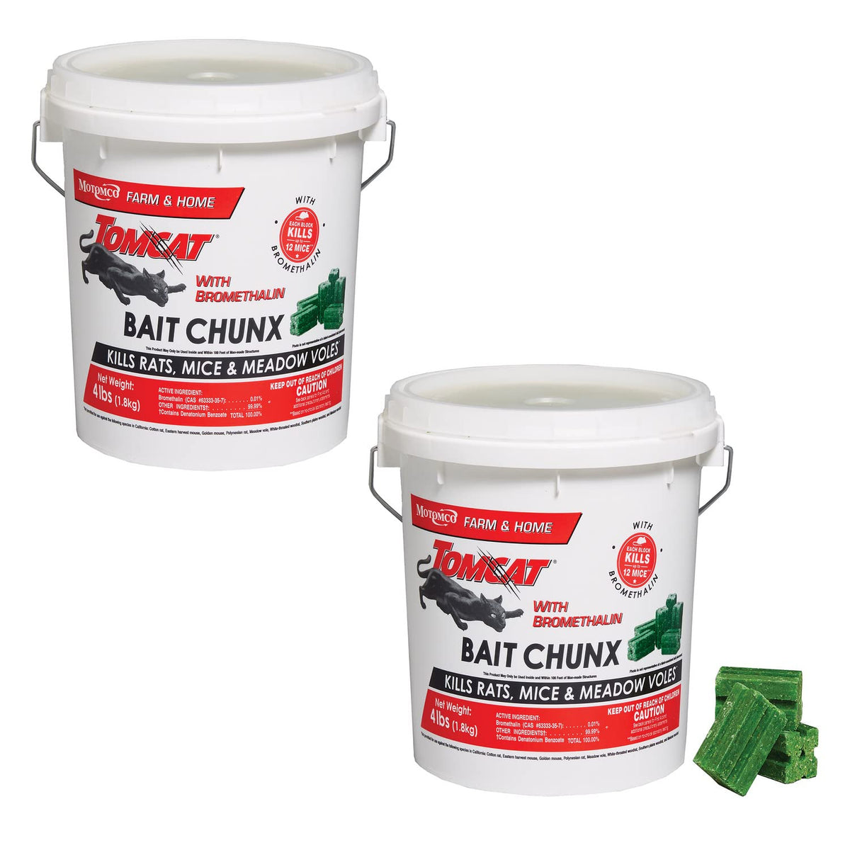 Tomcat bromethalin bait chunx pail, front view, bulk rodent control for agricultural settings.