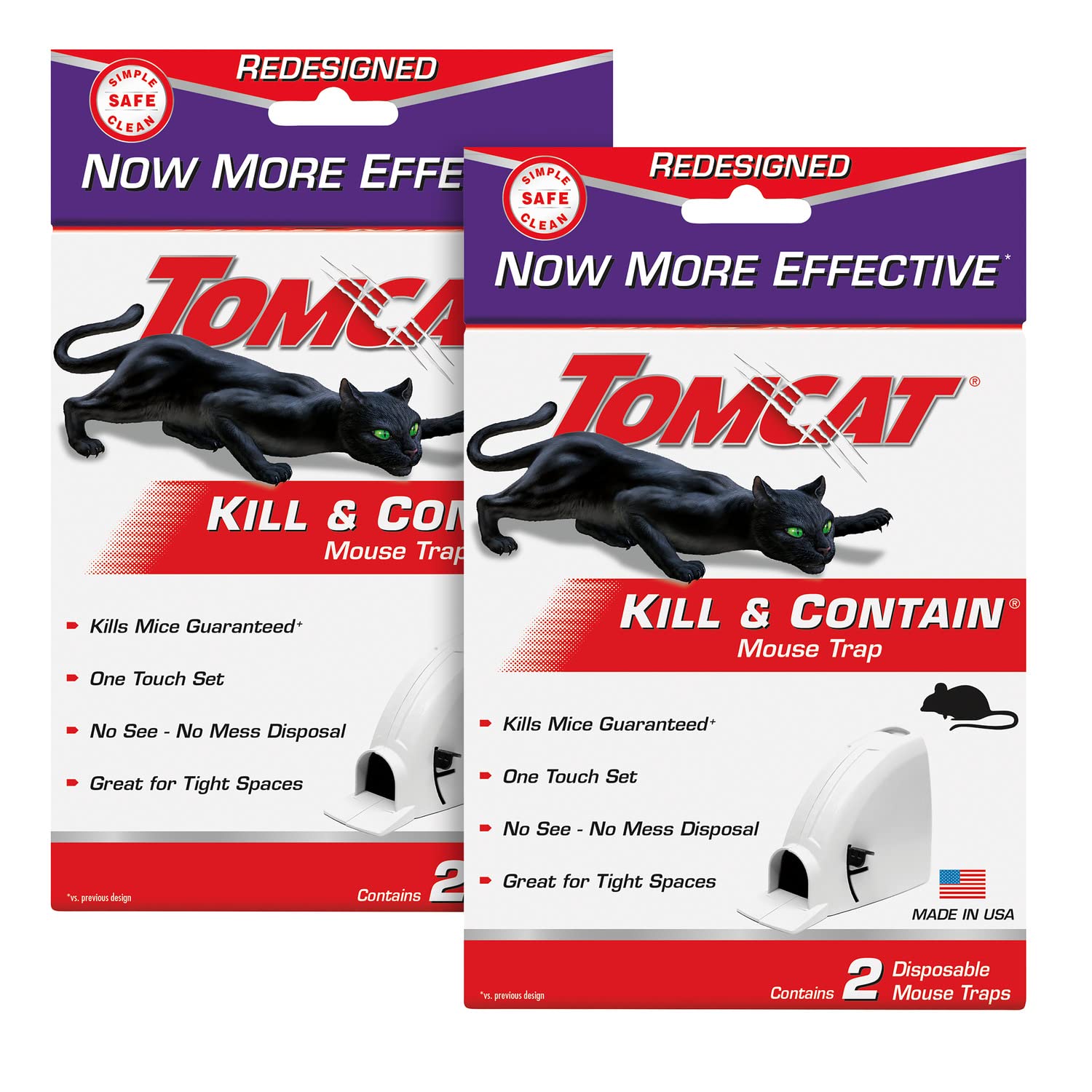 Tomcat Kill and Contain mouse trap box packaging shows a value-packed two-trap set
