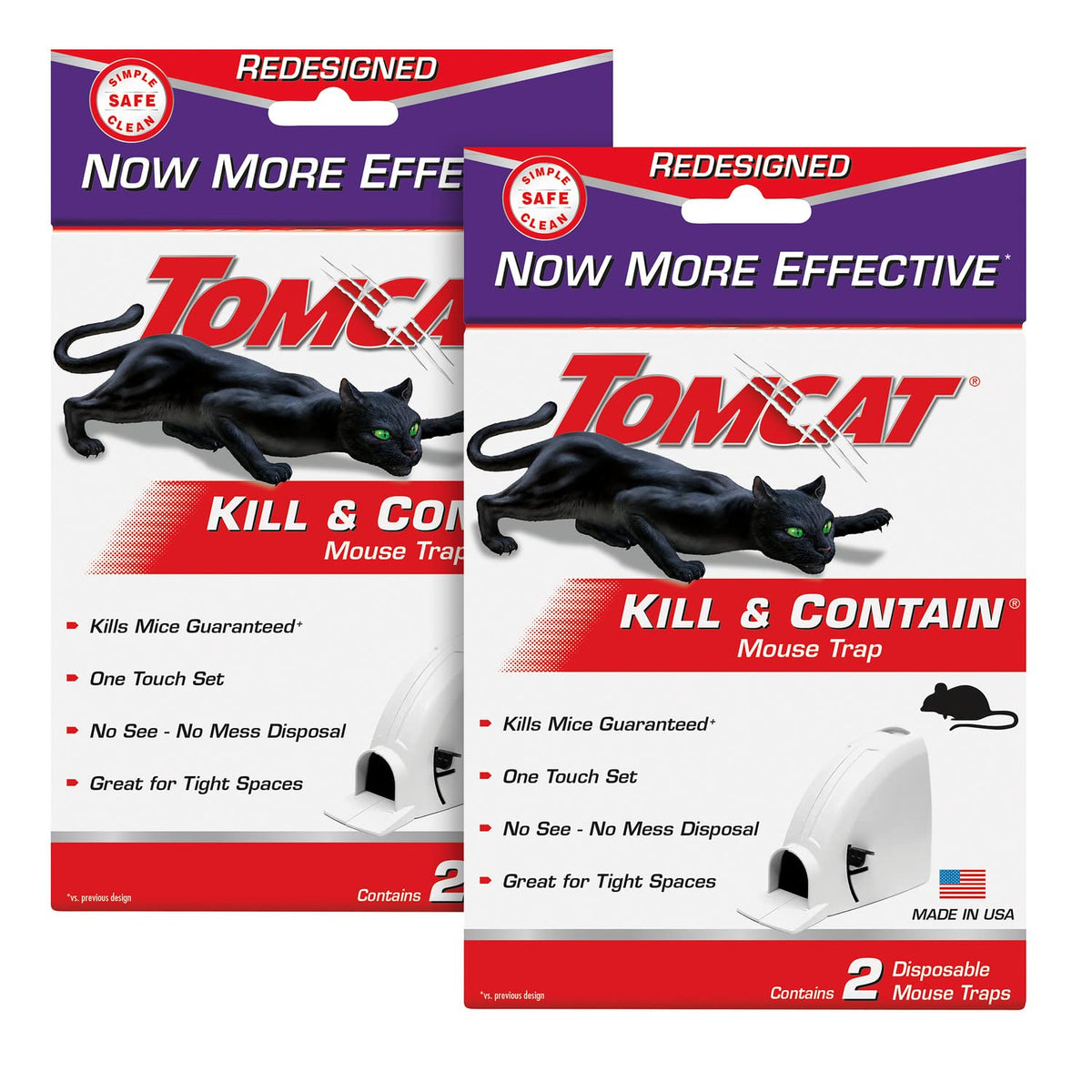 Tomcat Kill and Contain mouse trap box packaging shows a value-packed two-trap set