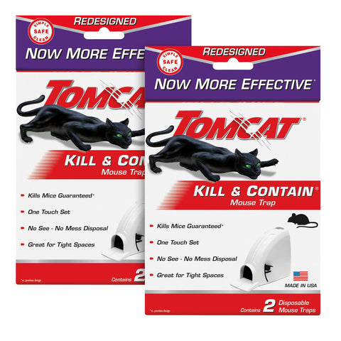 Tomcat Kill and Contain mouse trap box packaging shows a value-packed two-trap set