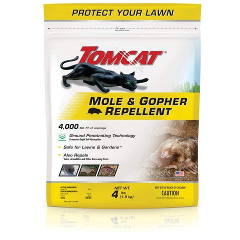 Tomcat Mole & Gopher Repellent Granules in bag protecting lawns with castor oil formula