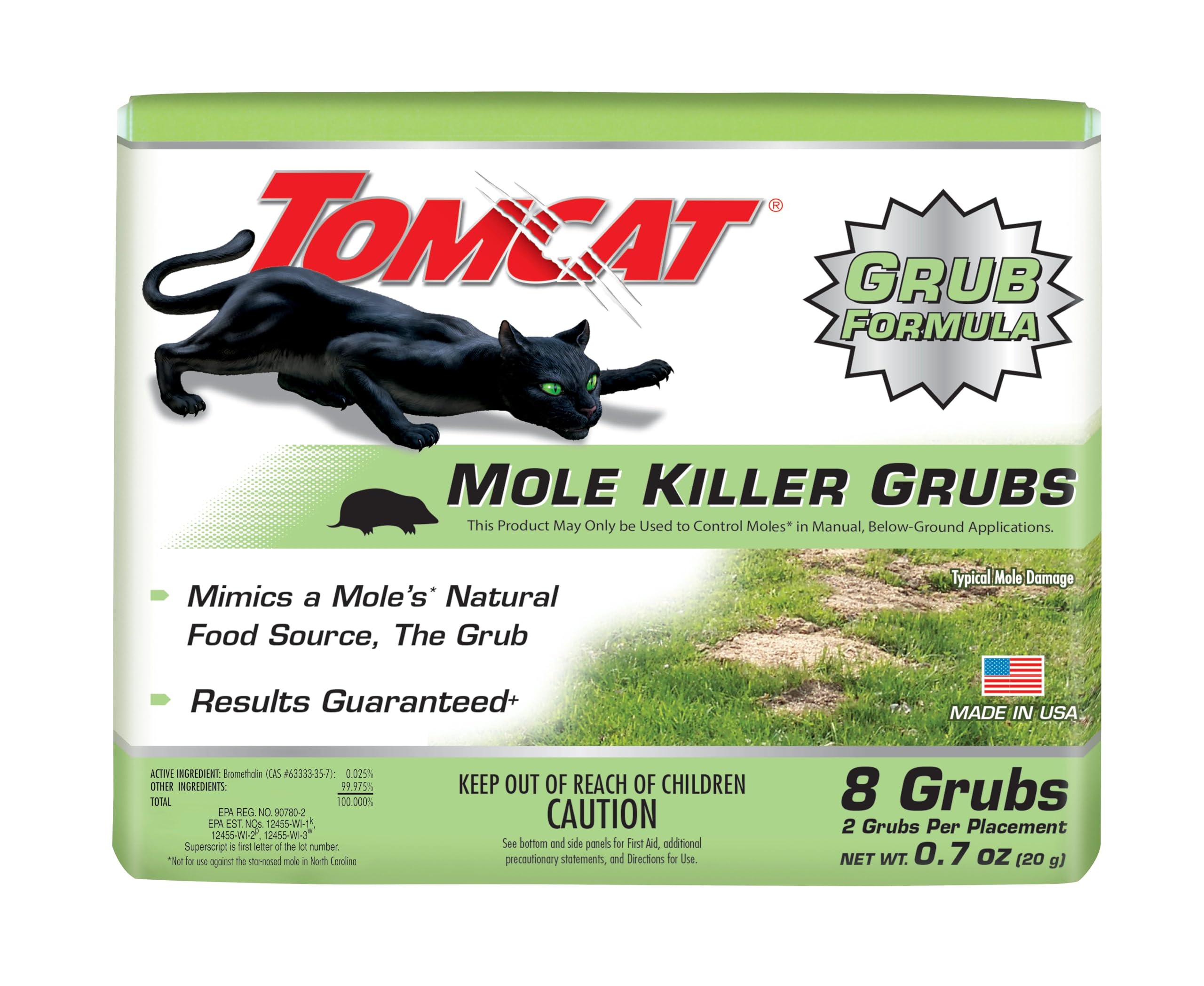 Tomcat Mole Killer Grubs pack shows eight ready-to-use baits for yard protection.
