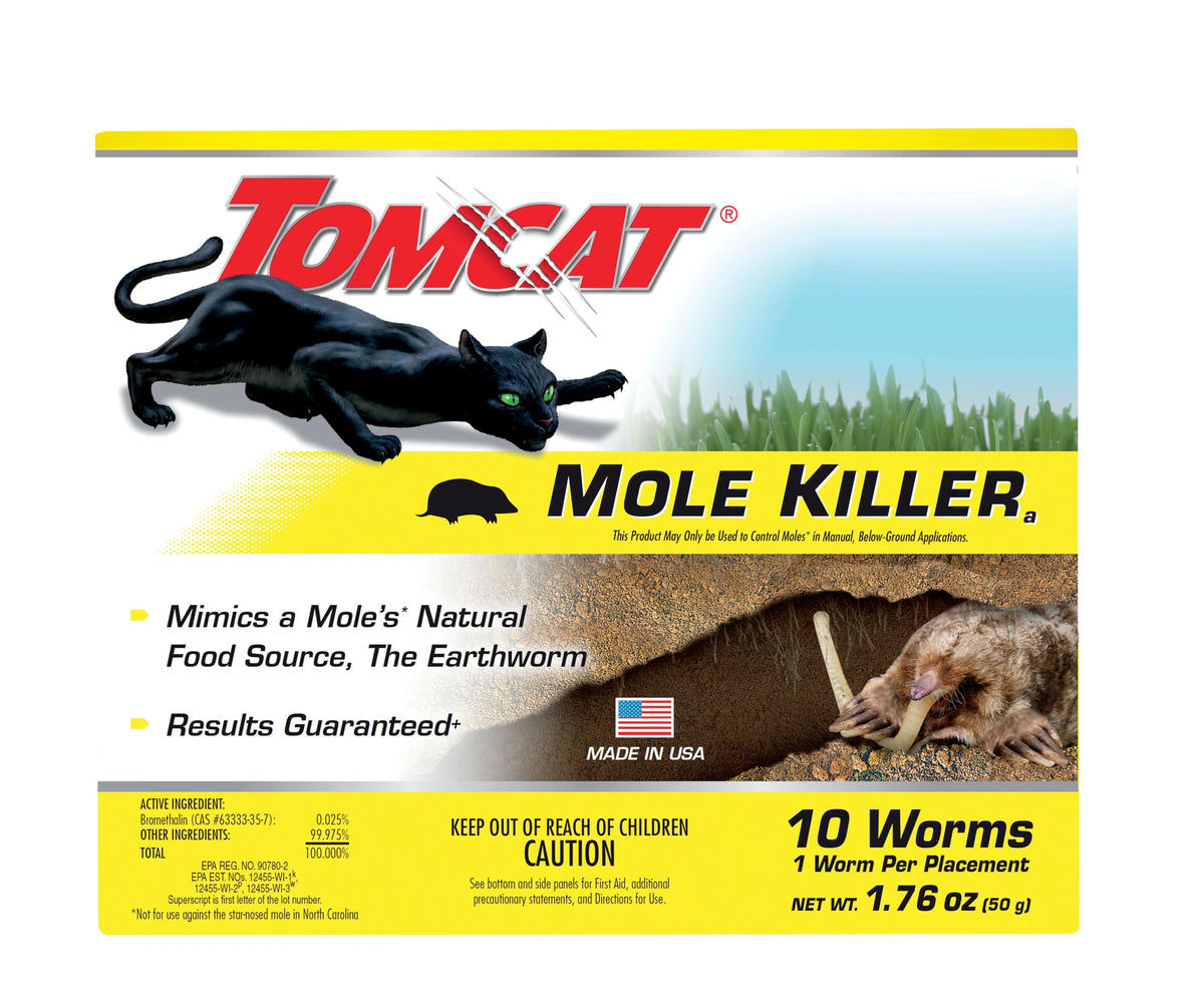 Tomcat Mole Killer strip packaging shows ready-to-use mole control solution.