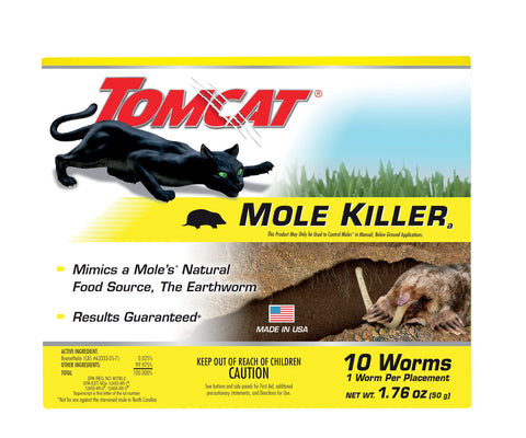 Tomcat Mole Killer strip packaging shows ready-to-use mole control solution.