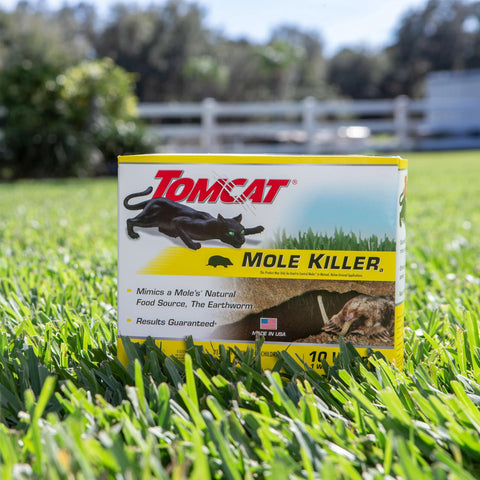 Tomcat Mole Killer targets surface runways and deep tunnels for mole control.