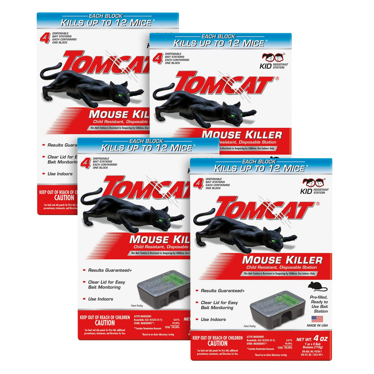 Tomcat mouse killer child-resistant station, front view, four-pack setup for indoor use.