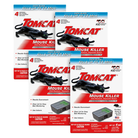Tomcat mouse killer child-resistant station, front view, four-pack setup for indoor use.