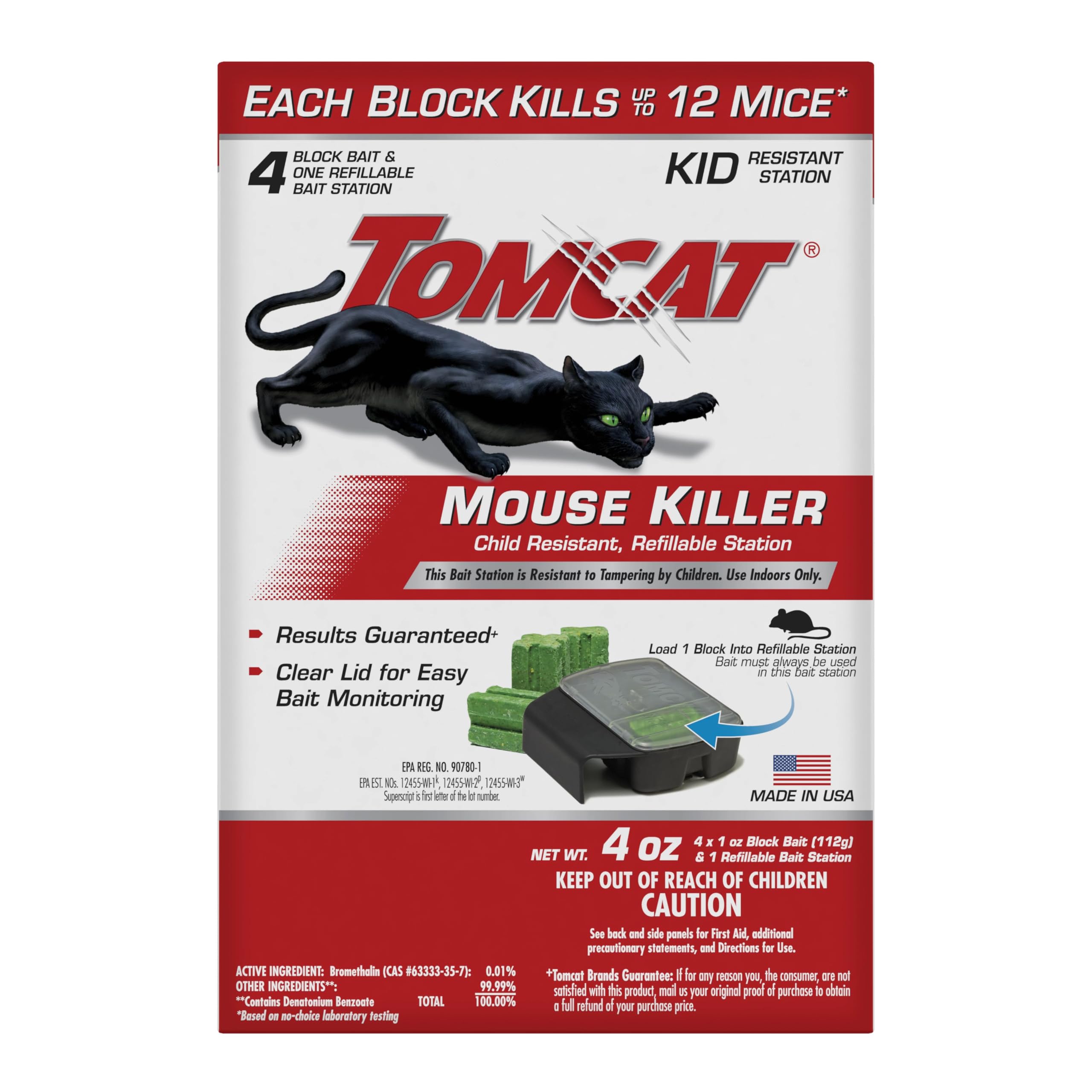 Tomcat Mouse Killer child-resistant station with clear lid for monitoring bait blocks.