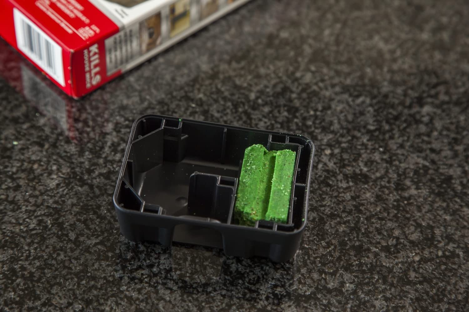 Tomcat mouse killer station showing clear lid for bait monitoring.