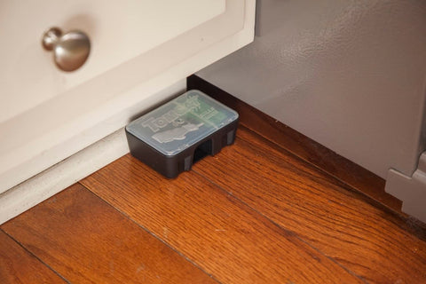 Tomcat station installed in an indoor corner for pest control.