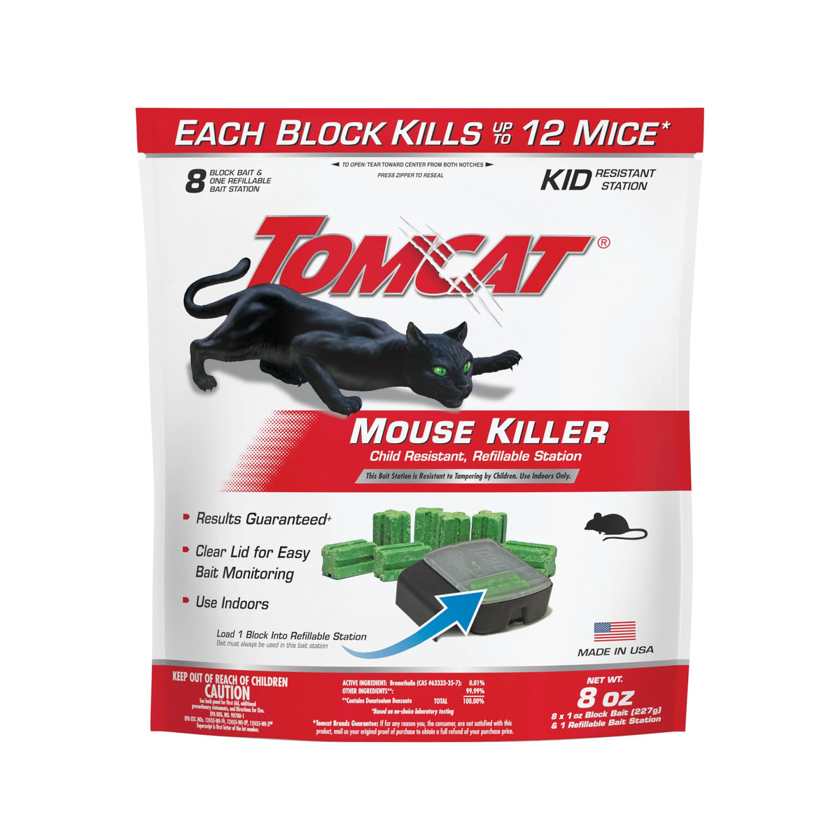 Tomcat Mouse Killer station for indoor use, child-resistant and easy bait monitoring.