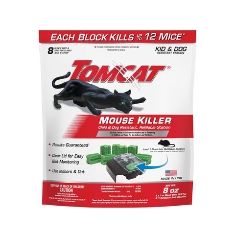 Tomcat Mouse Killer station set for indoor rodent control near basements