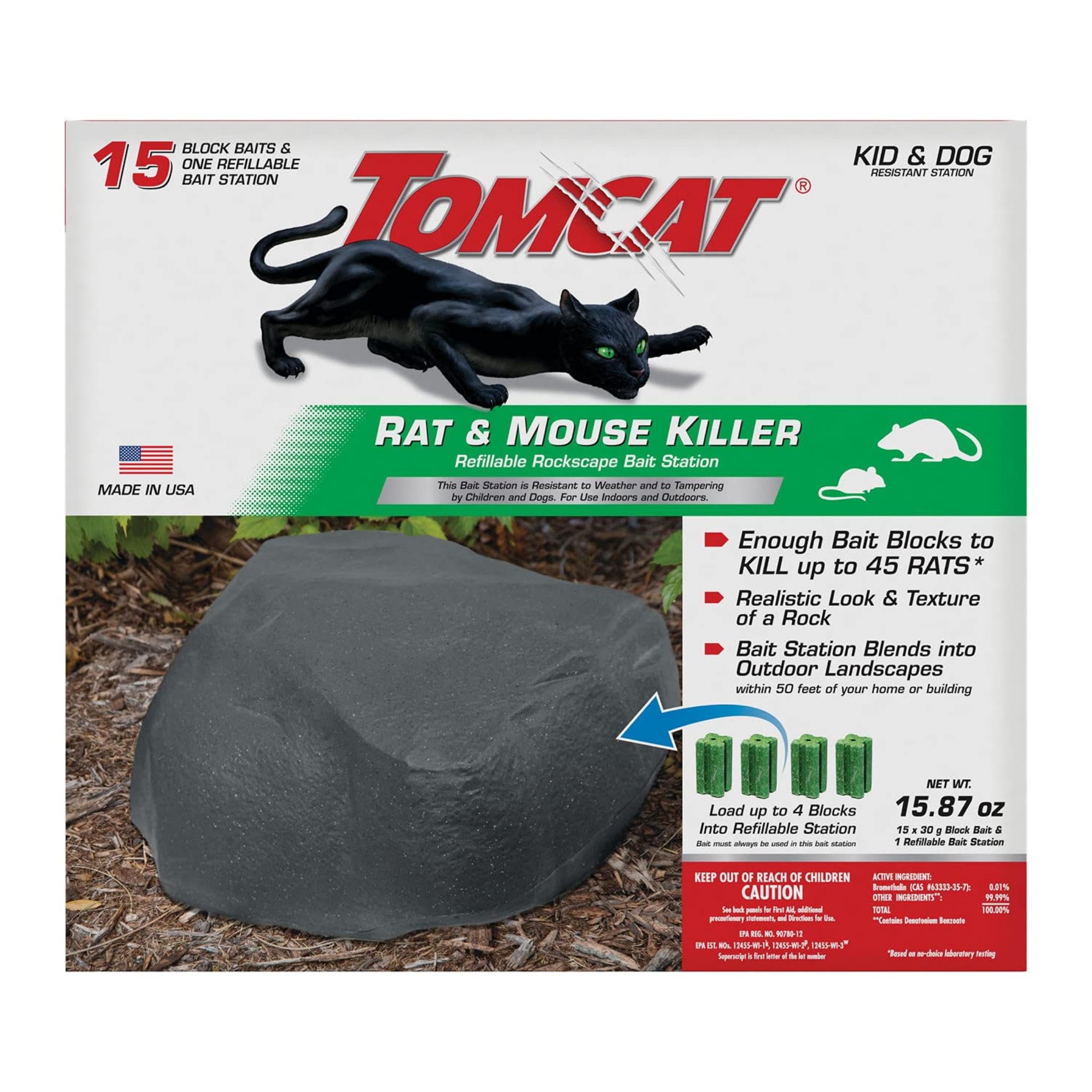 Tomcat Rockscape Station outdoor discreet design blends with your landscape for rodent control.
