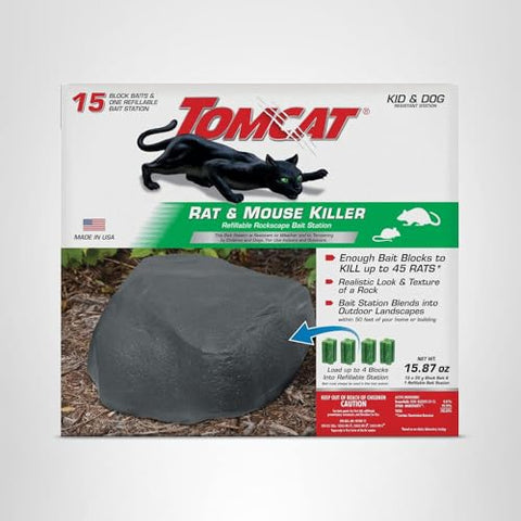Tomcat Rockscape Station fits discreetly in outdoor landscapes for pest control.