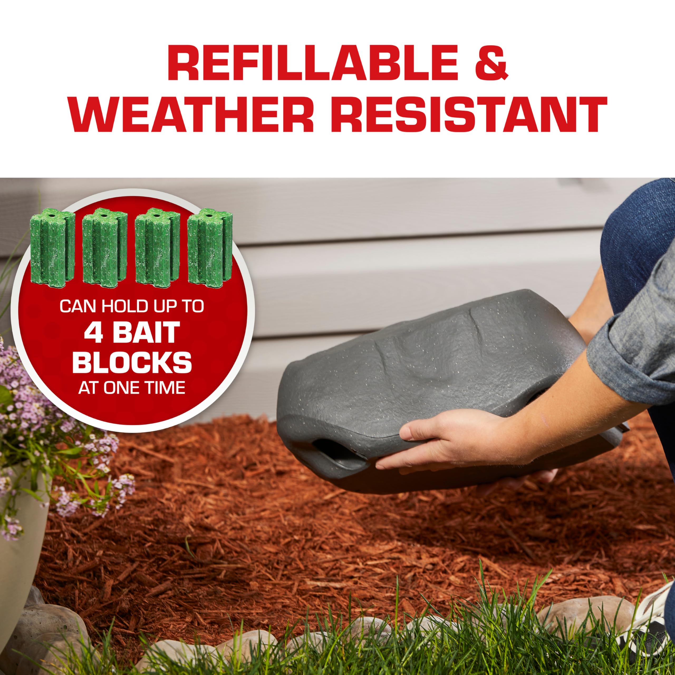 Tomcat Rockscape weather resistance protects bait in outdoor conditions.