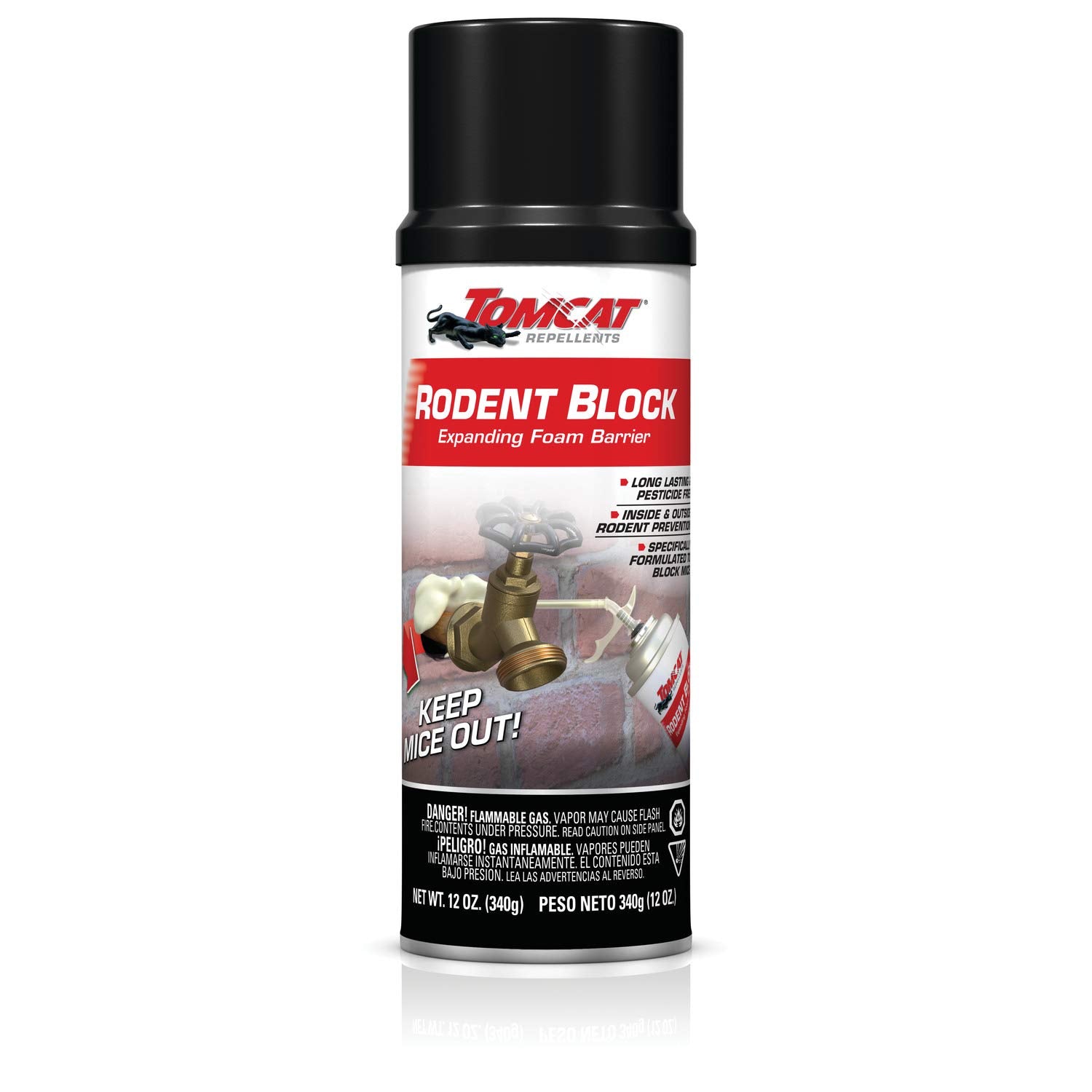 Tomcat Rodent Block Expanding Foam barrier fills gaps to deter mice from entering.