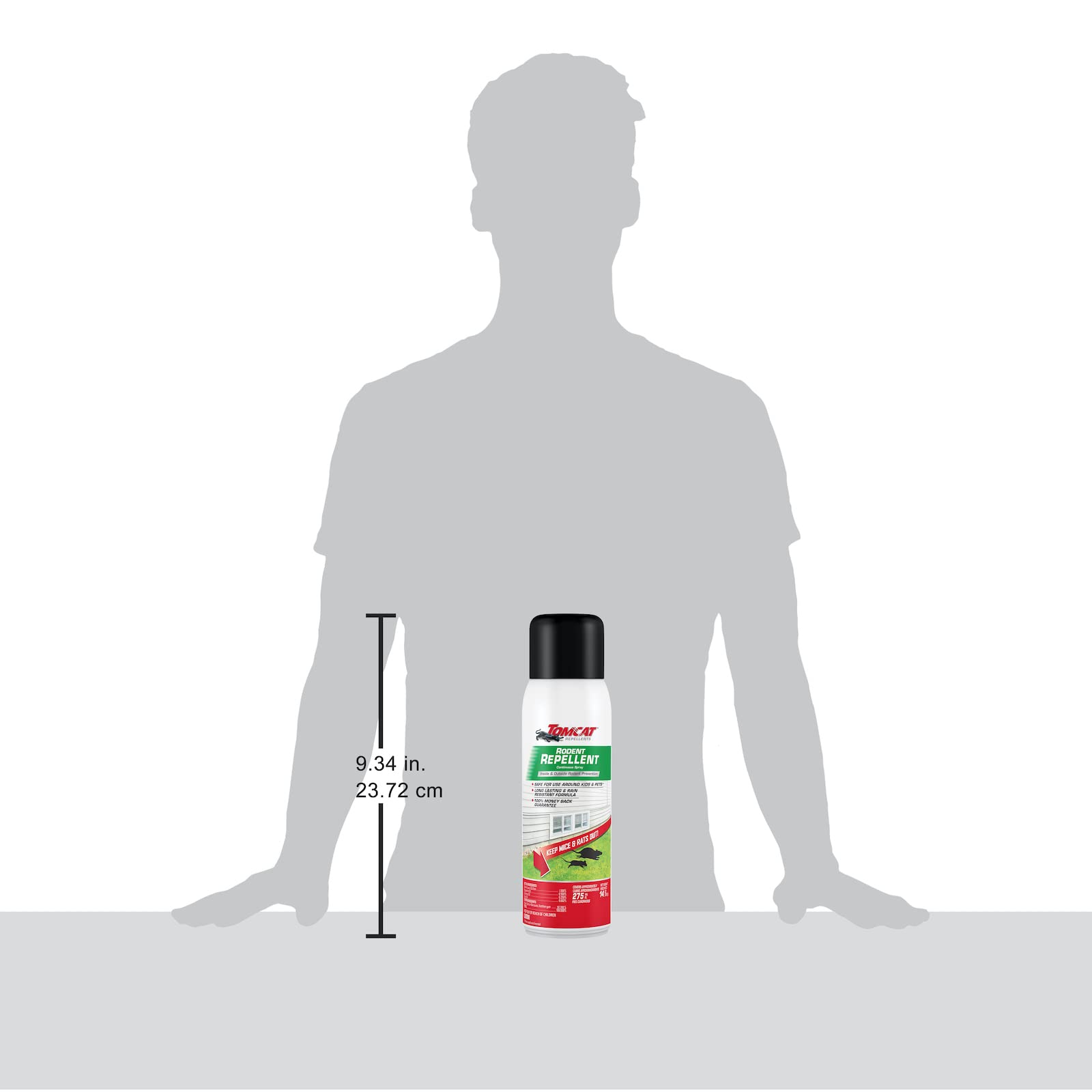 Tomcat Rodent Repellent coverage up to 275 sq ft per can.