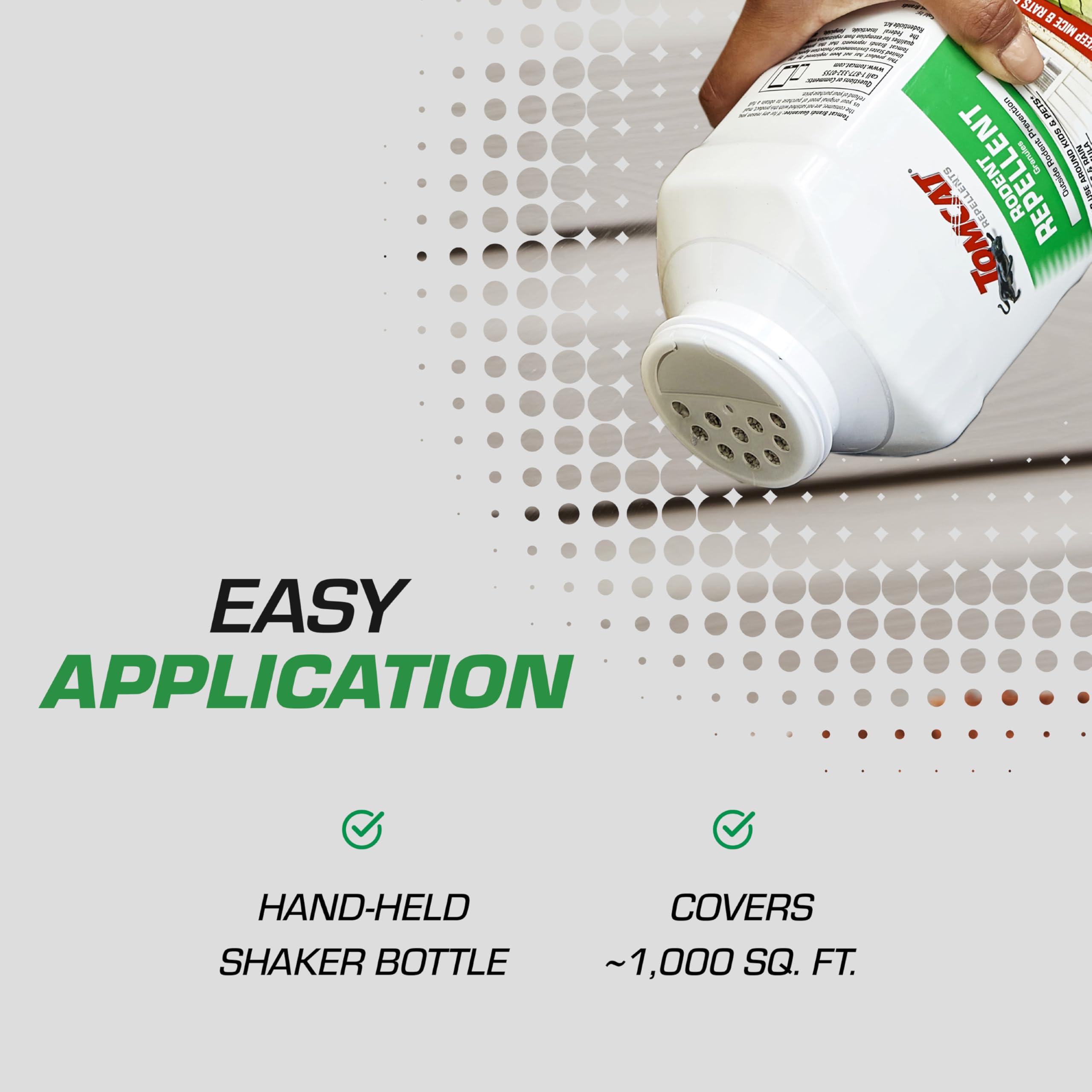 Tomcat Rodent Repellent Granules packaging highlighting 1,000 sq ft coverage.