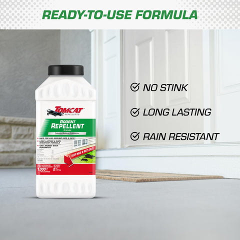 Tomcat Rodent Repellent Granules near a garage perimeter deterring entry.