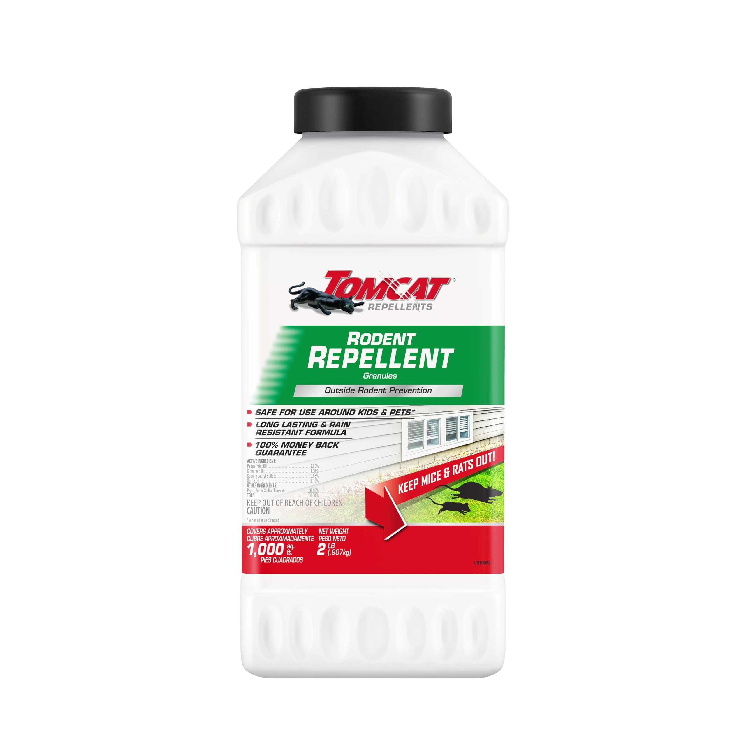 Tomcat Rodent Repellent Granules packaging front protects outdoor spaces from pests.