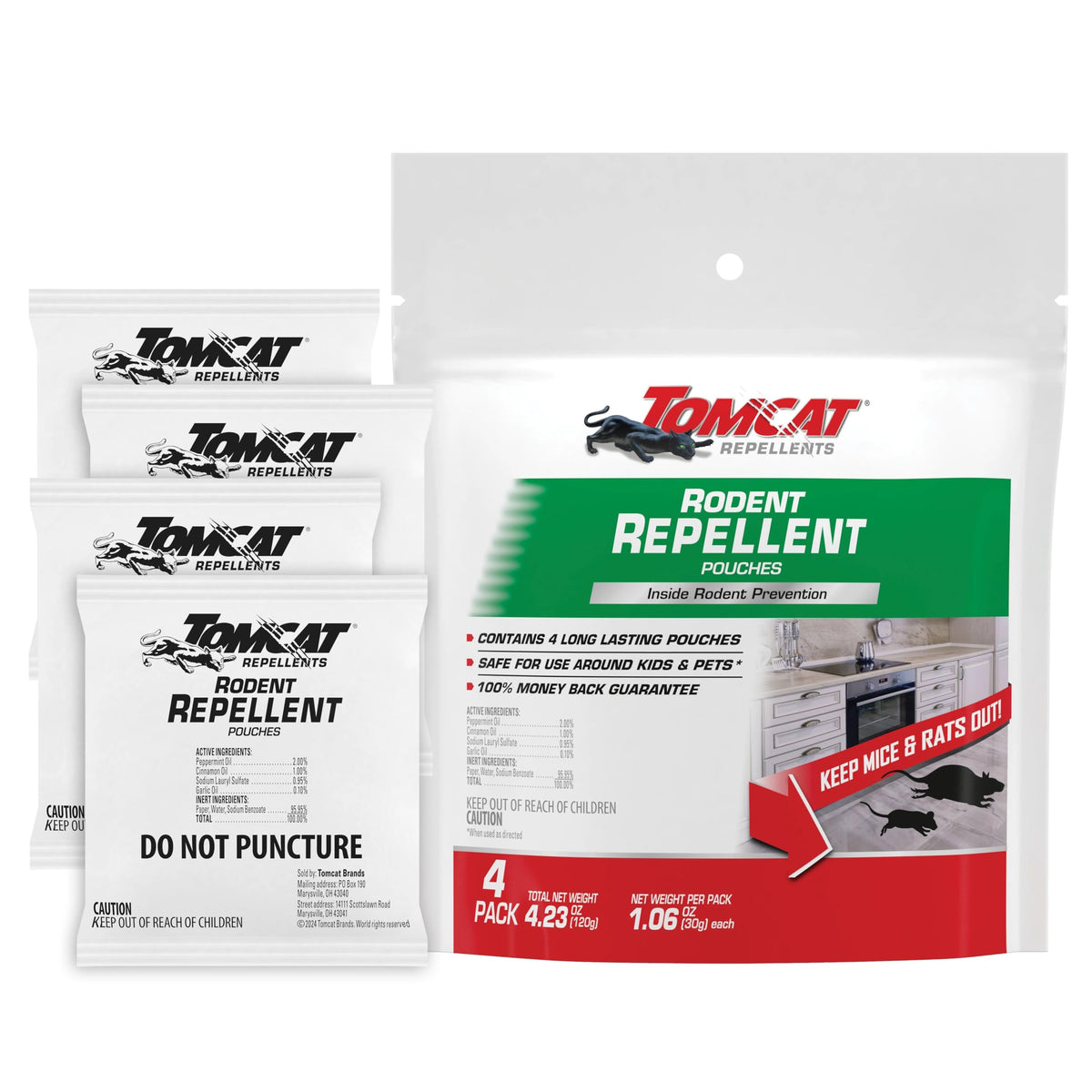 Tomcat Rodent Repellent Pouch close-up with essential oils for deterrence.