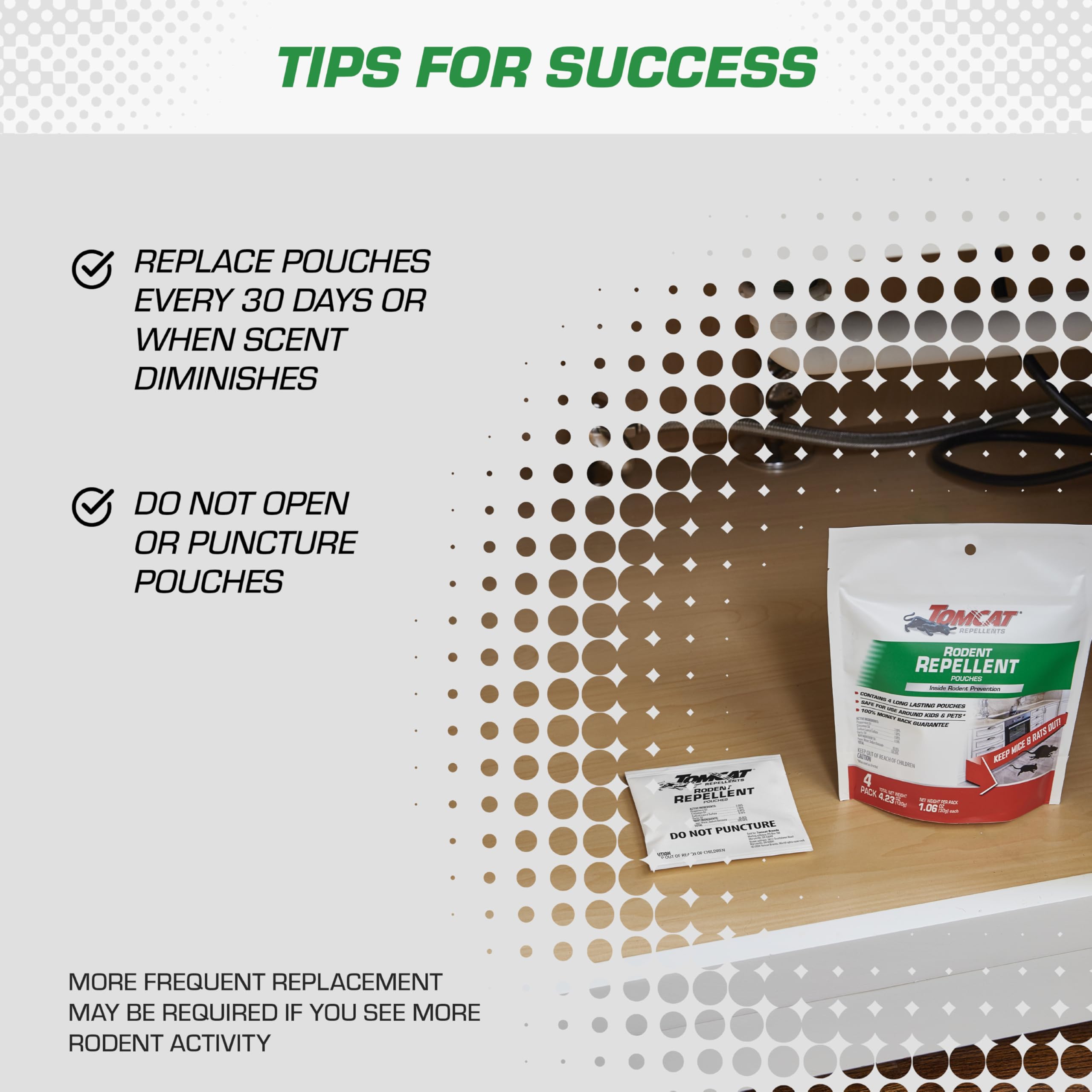 Tomcat Rodent Repellent Pouch releasing scent to deter rodents.
