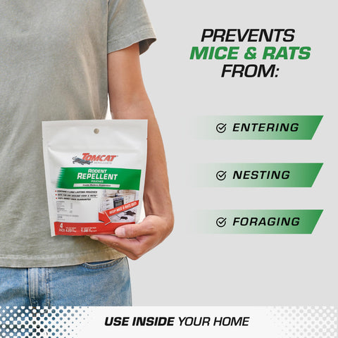 Tomcat Rodent Repellent Pouch under a sink deterring rodents.