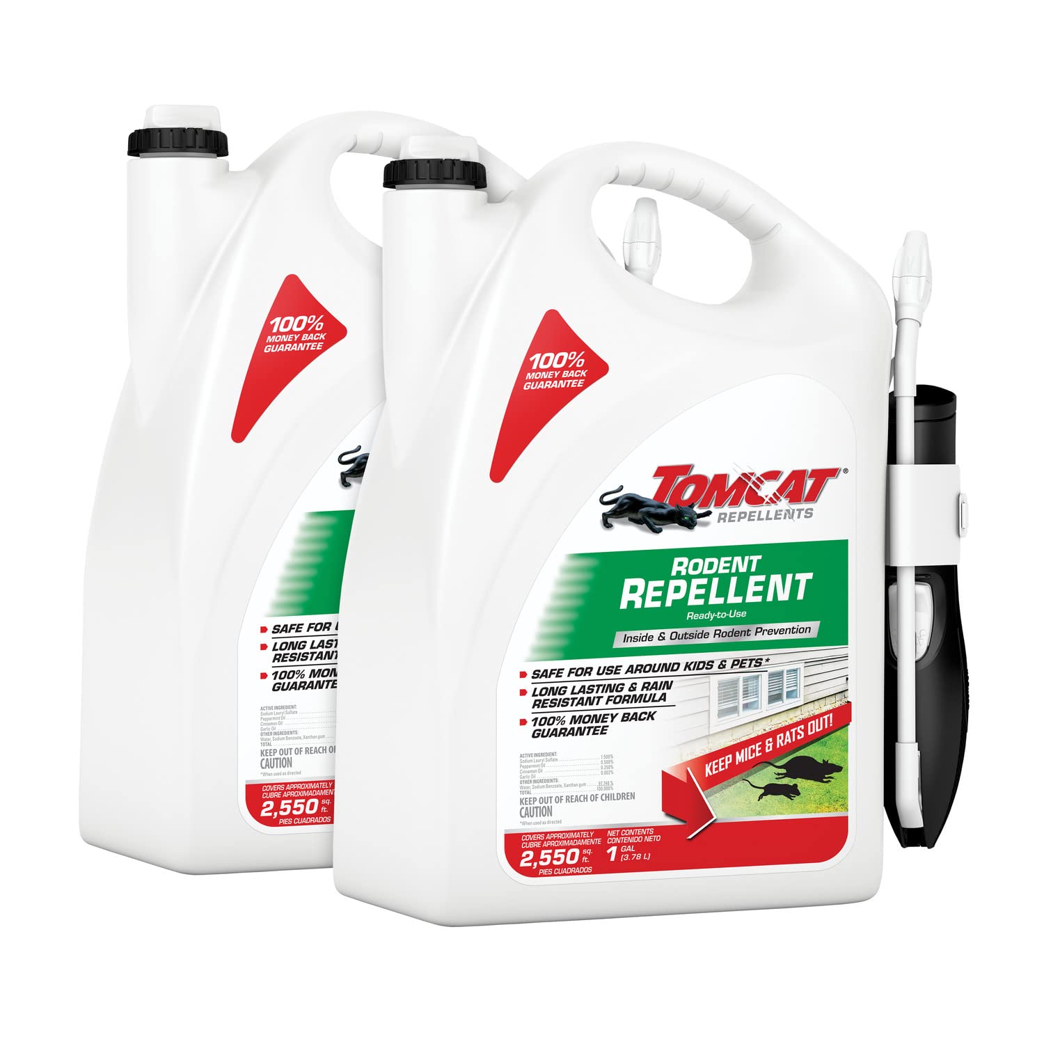 Tomcat rodent repellent spray bottle deters rodents indoors and outdoors.