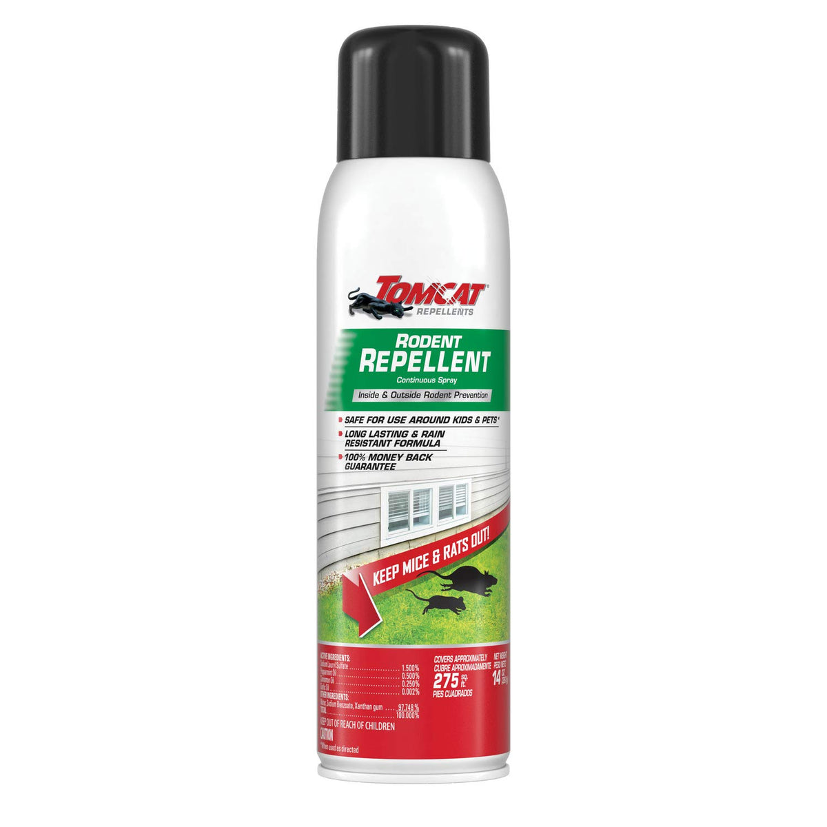Tomcat Rodent Repellent spray bottle deters rodents indoors and outdoors.