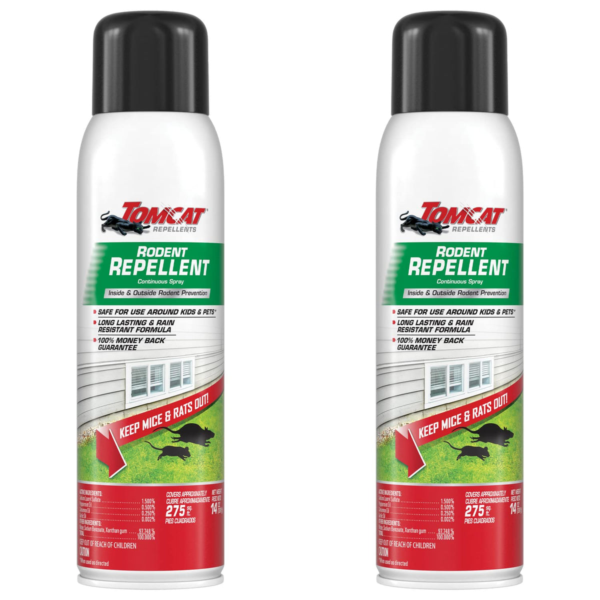 Tomcat Rodent Repellent spray two-can pack shown for indoor and outdoor use.
