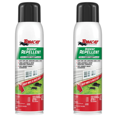 Tomcat Rodent Repellent spray two-can pack shown for indoor and outdoor use.