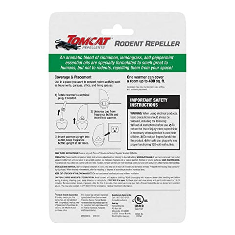 Tomcat Rodent Repeller plug-in at outlet diffuses natural oils to deter mice
