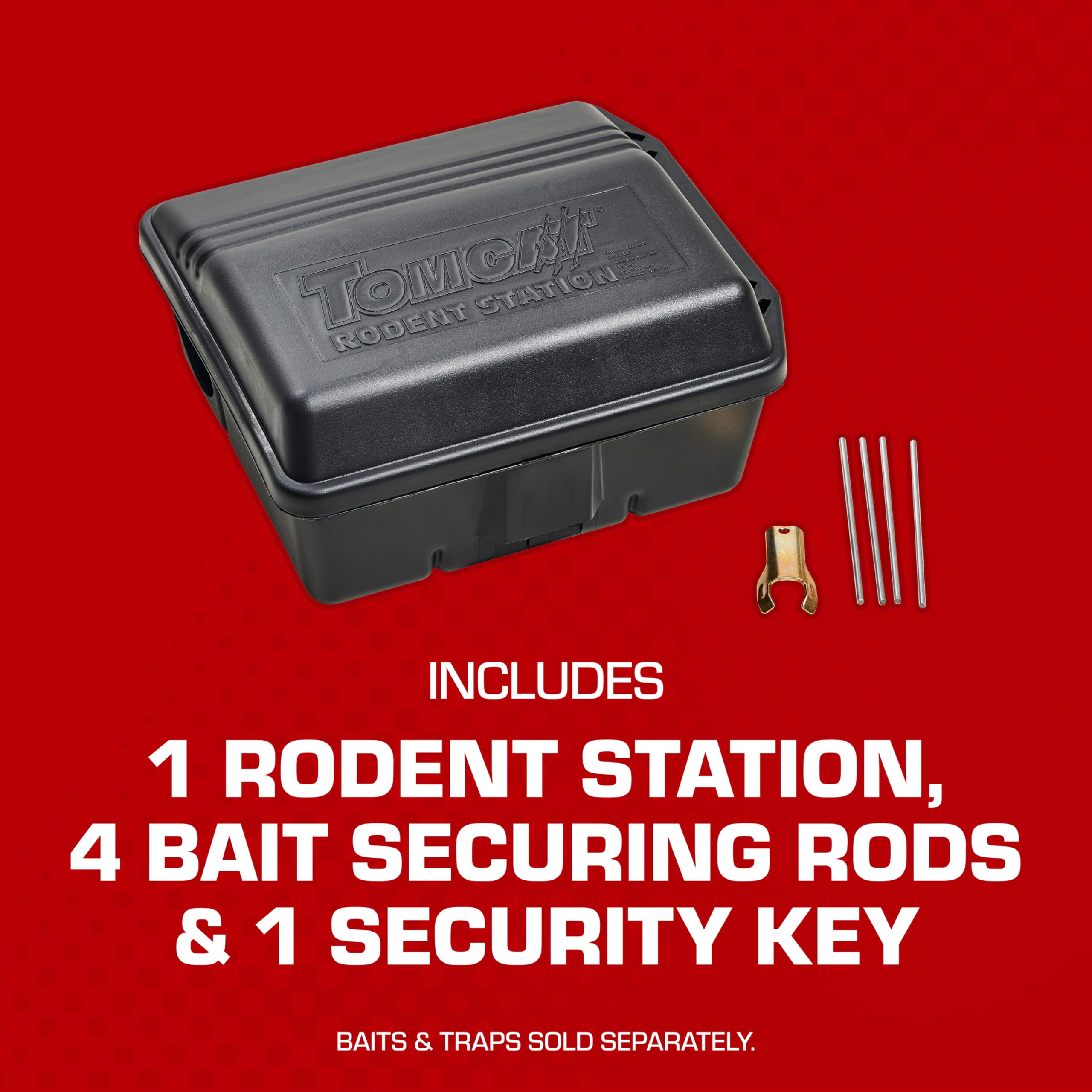 Tomcat Rodent Station with rugged plastic body endures weather and tampering.