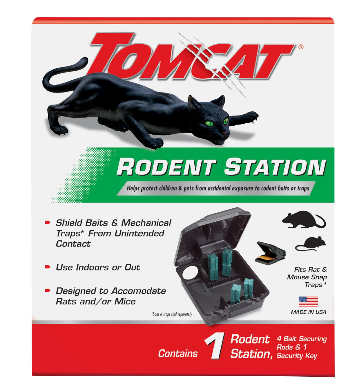 Tomcat Rodent Station for indoor and outdoor use protects pets while controlling rats and mice.