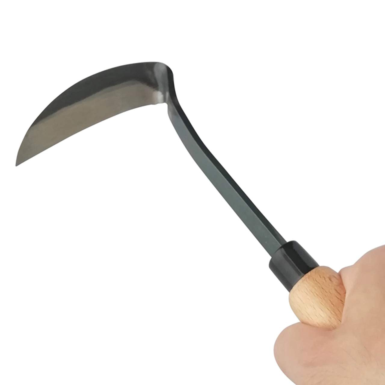 Tomerry garden weeding sickle in use demonstrates ground-level cutting.