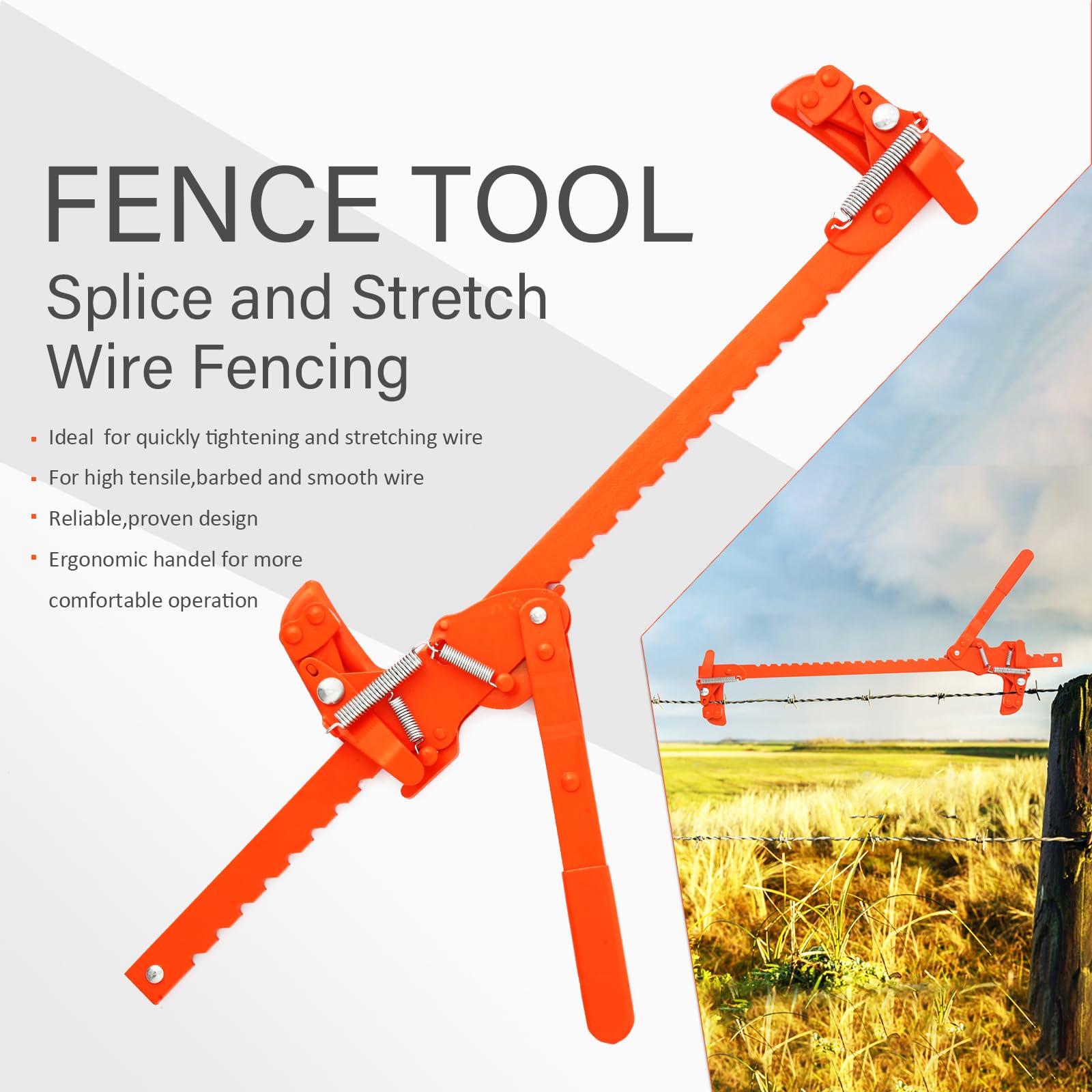 TOMESHA tool in action showing precise tightening on barbed and smooth wires.