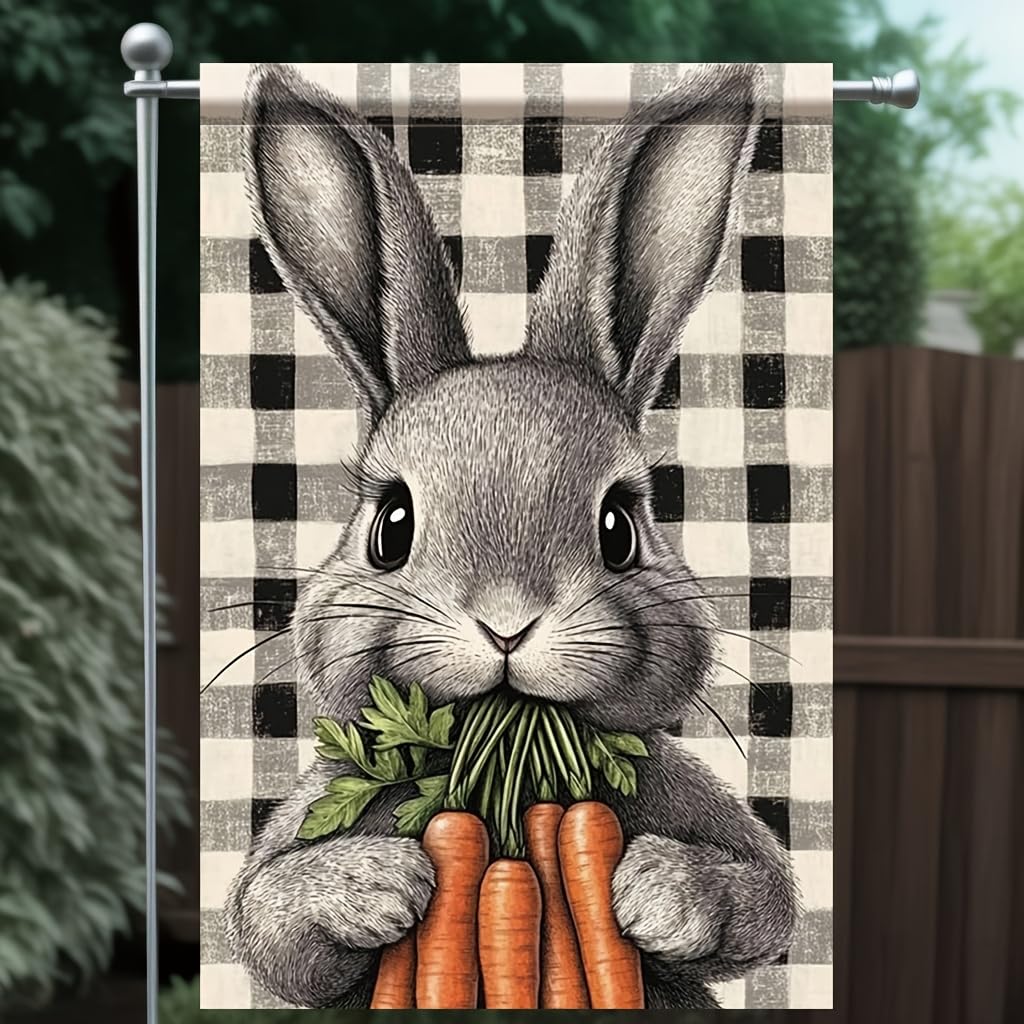 TOMHONG bunny garden flag showcases buffalo plaid double-sided design for vivid outdoor display.