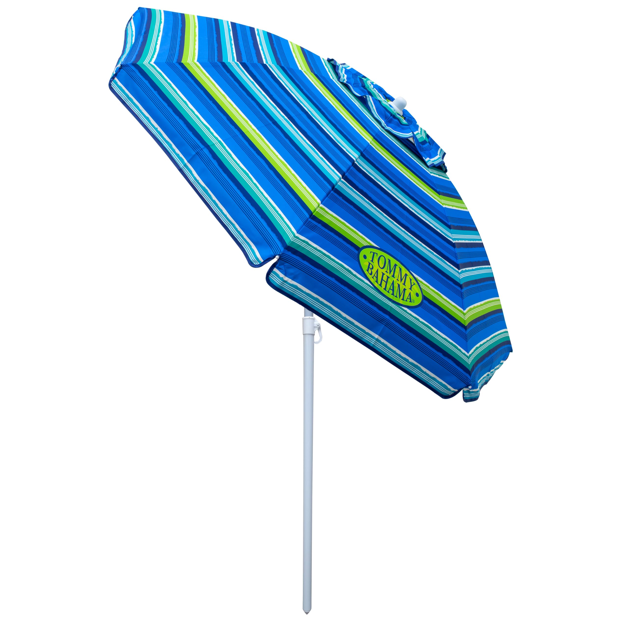 Tommy Bahama 6ft Tilt Umbrella in green-blue stripe provides ample beach shade.