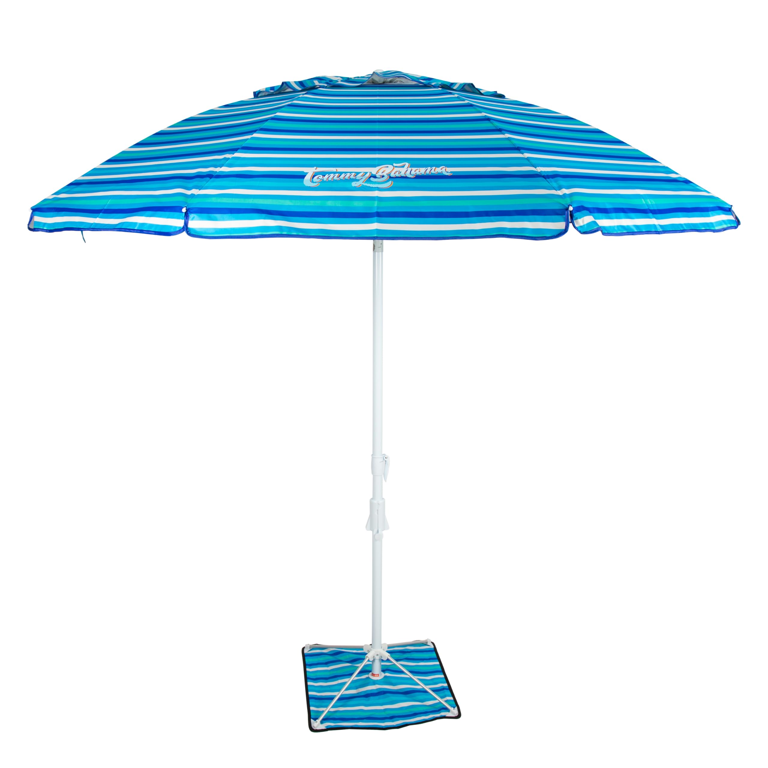 Tommy Bahama AnchorX base with sand anchor stabilizes shade on sunny beaches.