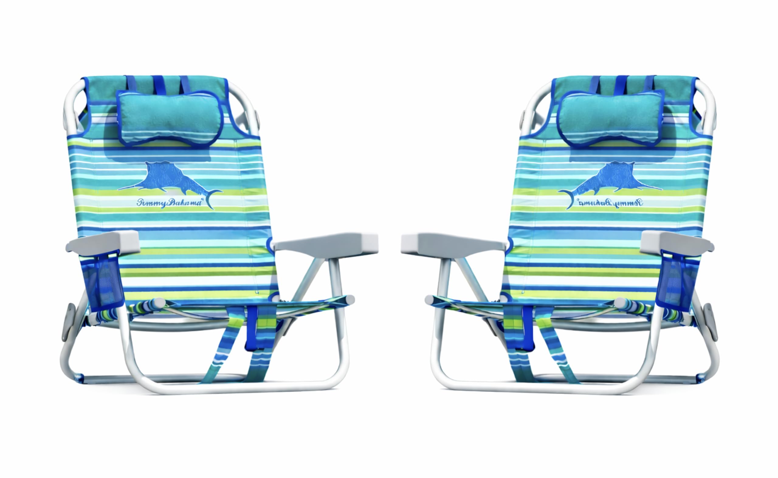 Tommy Bahama five-position backpack beach chair with aqua stripes for lay-flat sunbathing