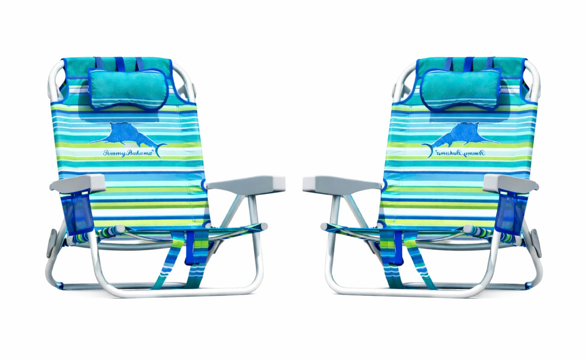 Tommy Bahama five-position backpack beach chair with aqua stripes for lay-flat sunbathing