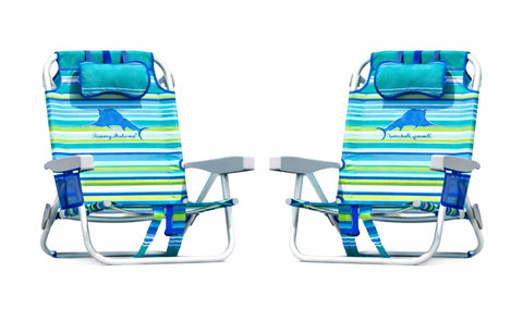 Tommy Bahama five-position backpack beach chair with aqua stripes for lay-flat sunbathing