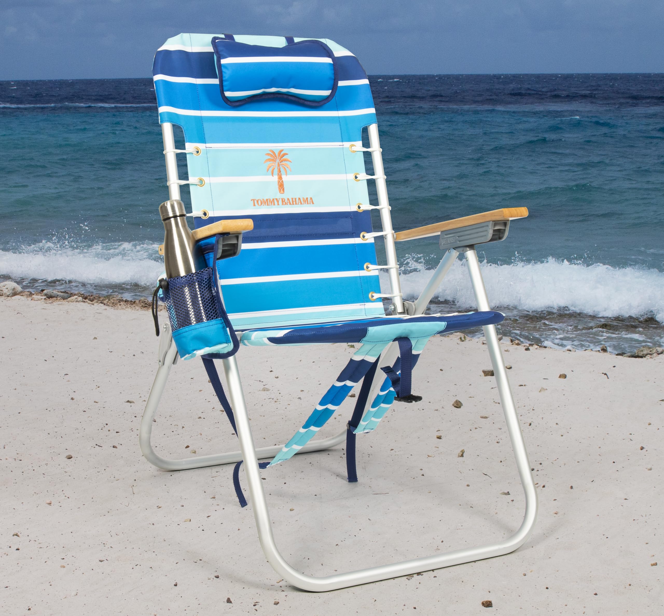 Tommy Bahama Hi-Boy chair folded for easy transport and compact storage